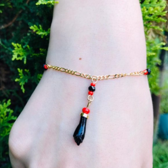 14K Gold Filled Women's Azabache Bracelet Good Luck 7.5" / Figaro Link Bracelet - Picture 4 of 4